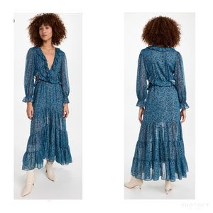 MISA LA Amelia Dress in Cerulean Ditzy Cutouts Ruffles Metallic Tiered Sz S 6-8